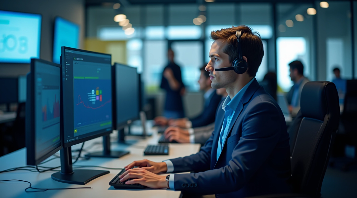 Modern IT support center with professionals at workstations managing helpdesk systems