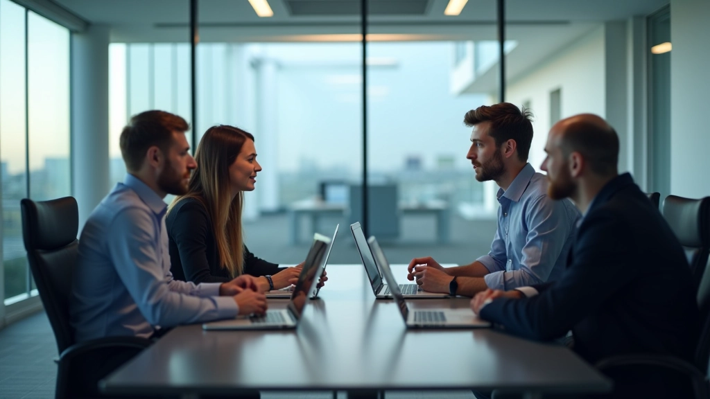Support team gathered around conference table during ticketing system launch meeting