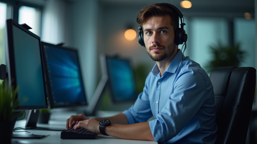 IT support technician seated at desk with multiple monitors displaying ticketing system interface and queue management