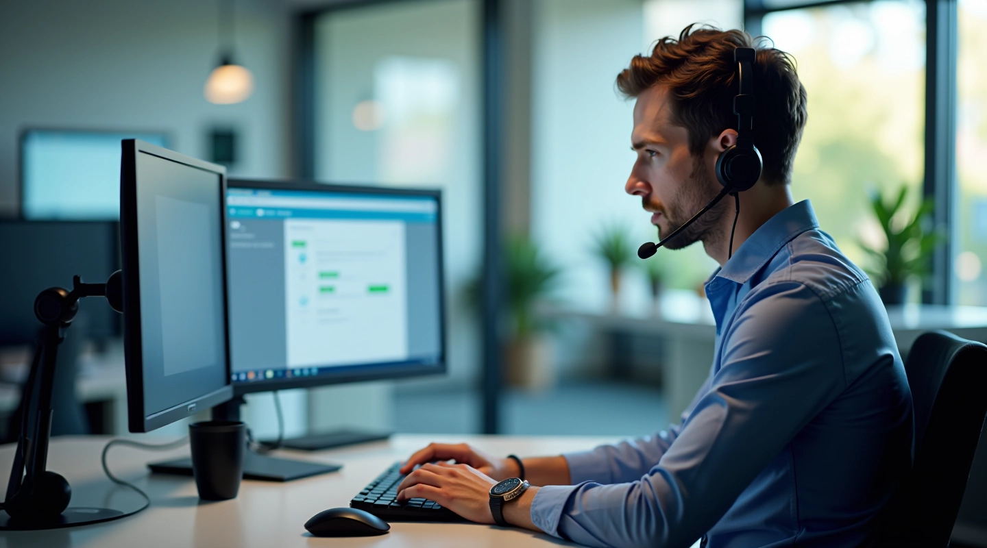 IT support technician at computer desk with multiple monitors showing ticketing system interface