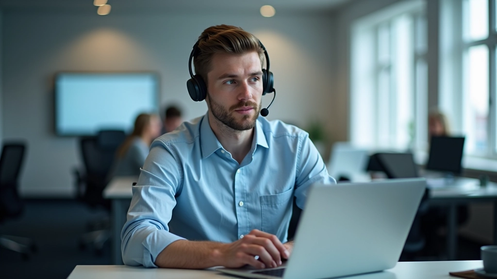 IT support specialist taking notes during customer call, professional workspace with headset