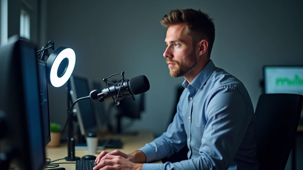 IT professional recording video training content at desk with microphone, professional lighting setup, multiple monitors visible