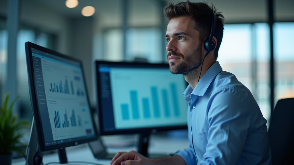 Support manager reviewing SLA metrics dashboard with performance charts and compliance indicators on monitor