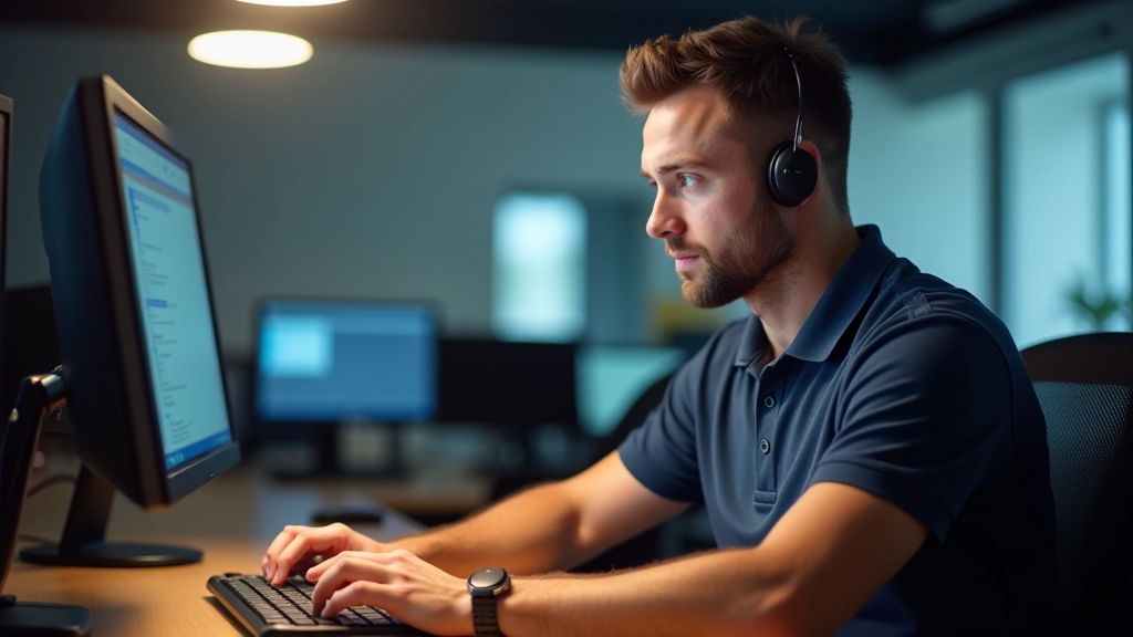 Technician typing notes and documentation on computer while speaking with customer support client